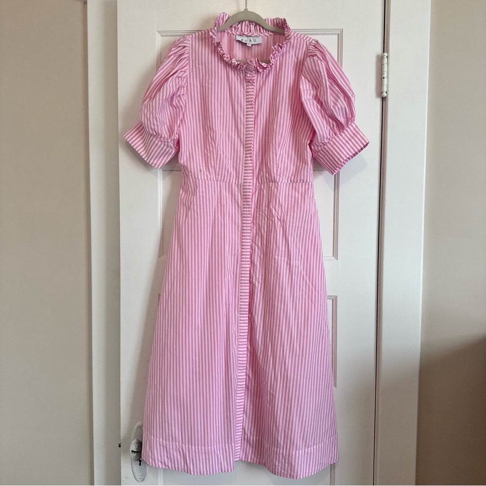 Buru Pink White Stripes Midi Dress Size Large Button Down Grandmillenial Classic - Picture 3 of 6